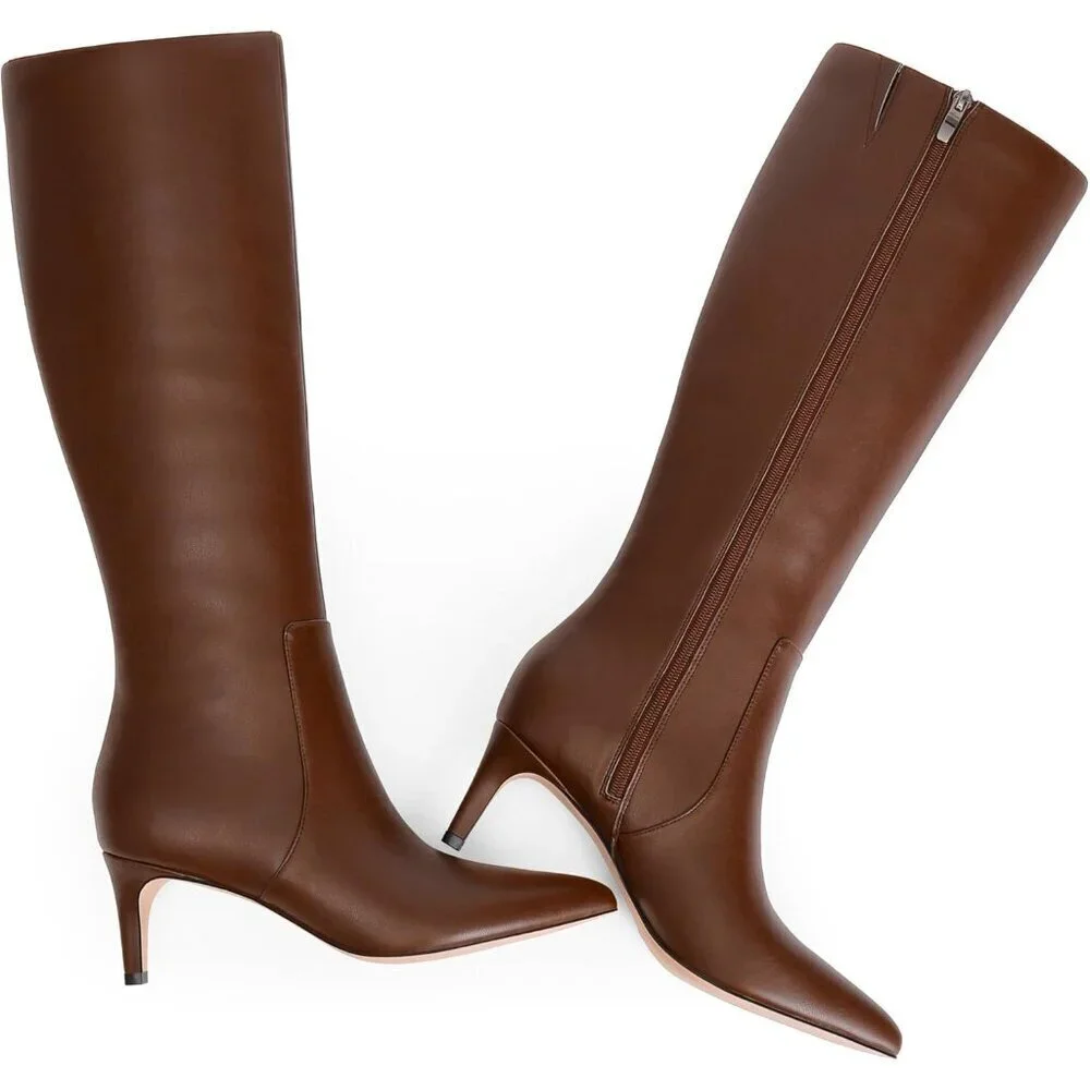 Women's Brown Tall Boots Pointed Toe Kitten Heel Side Zipper Knee High Boots
